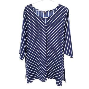 Avenue Tunic Blouse Womens Blue Stripe Gold Accent 3/4 Sleeve Artsy Plus 22/24